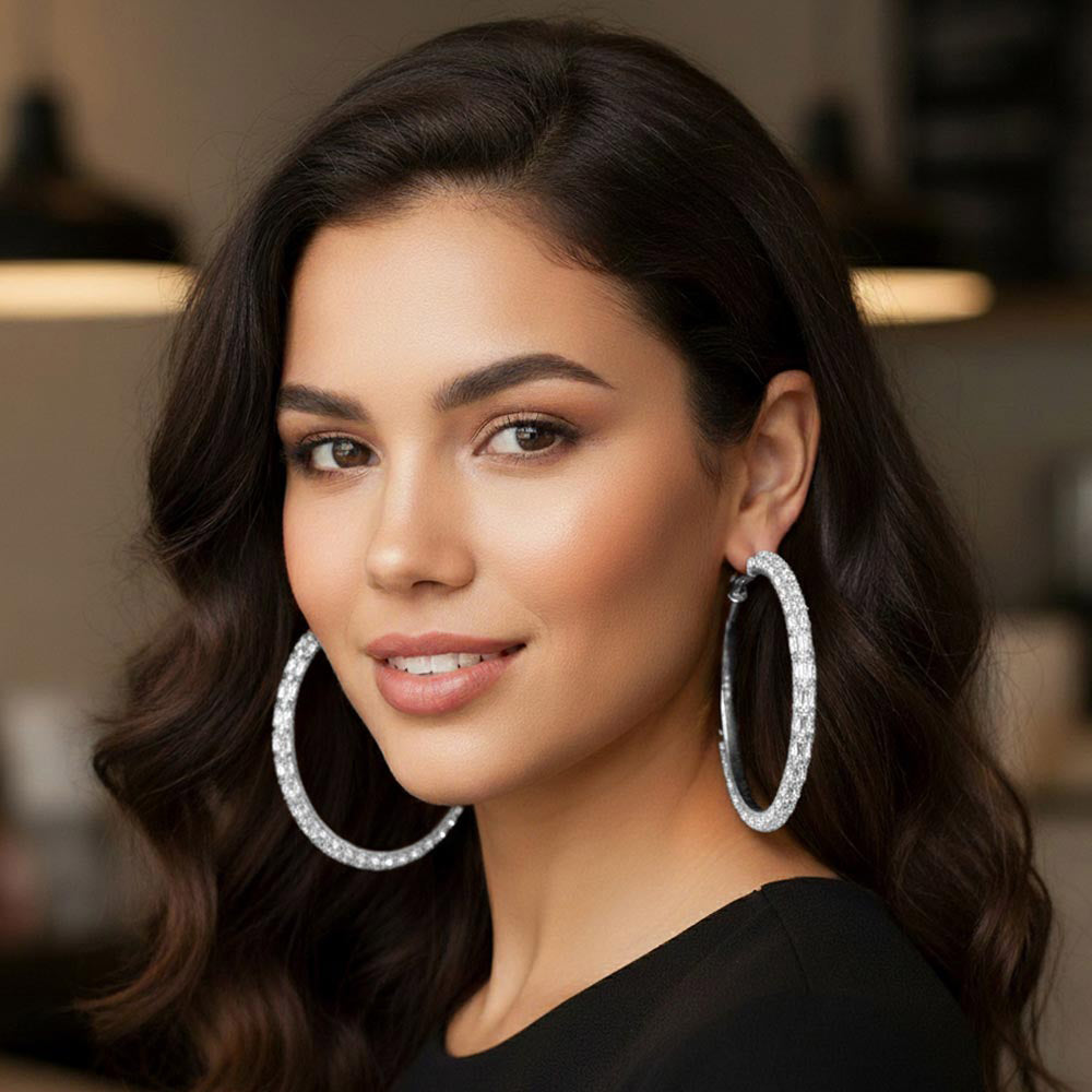 Madeline Love Clear, Rhodium Oversized Baguette Rhinestone Embellished Hoop Earrings
