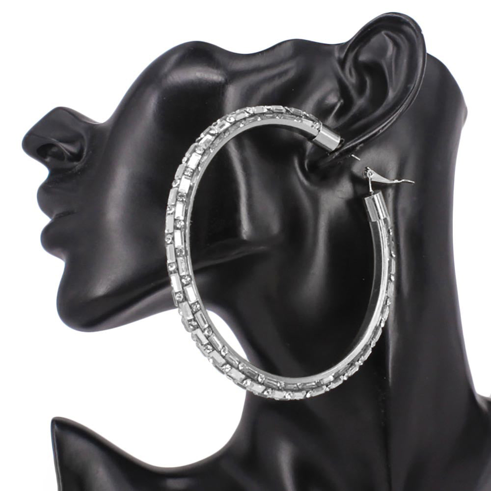 Madeline Love Clear, Rhodium Oversized Baguette Rhinestone Embellished Hoop Earrings - desc