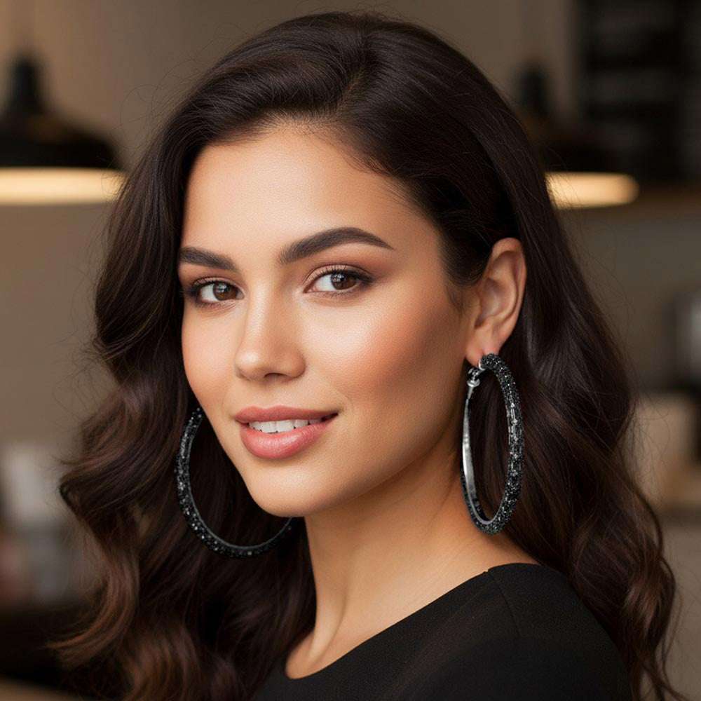 Madeline Love Jet Black, Rhodium Oversized Baguette Rhinestone Embellished Hoop Earrings