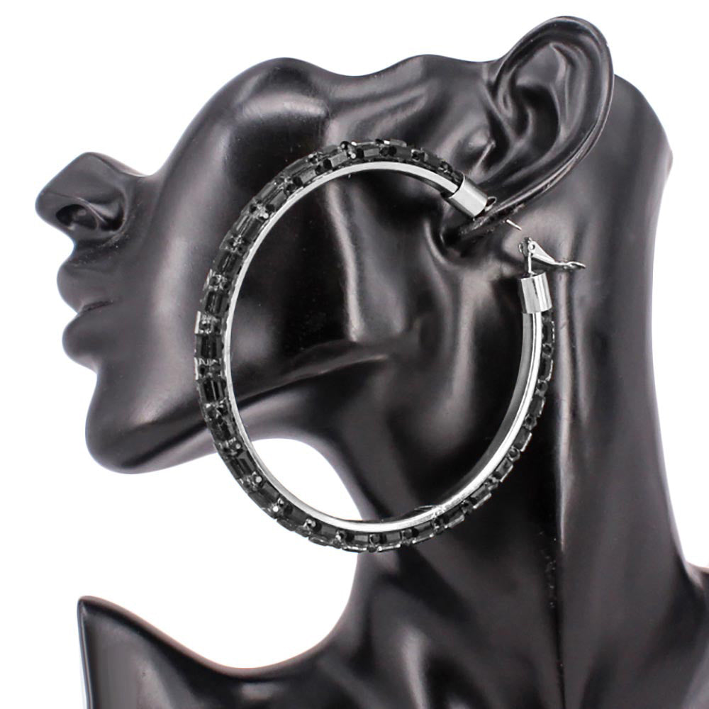 Madeline Love Jet Black, Rhodium Oversized Baguette Rhinestone Embellished Hoop Earrings - desc