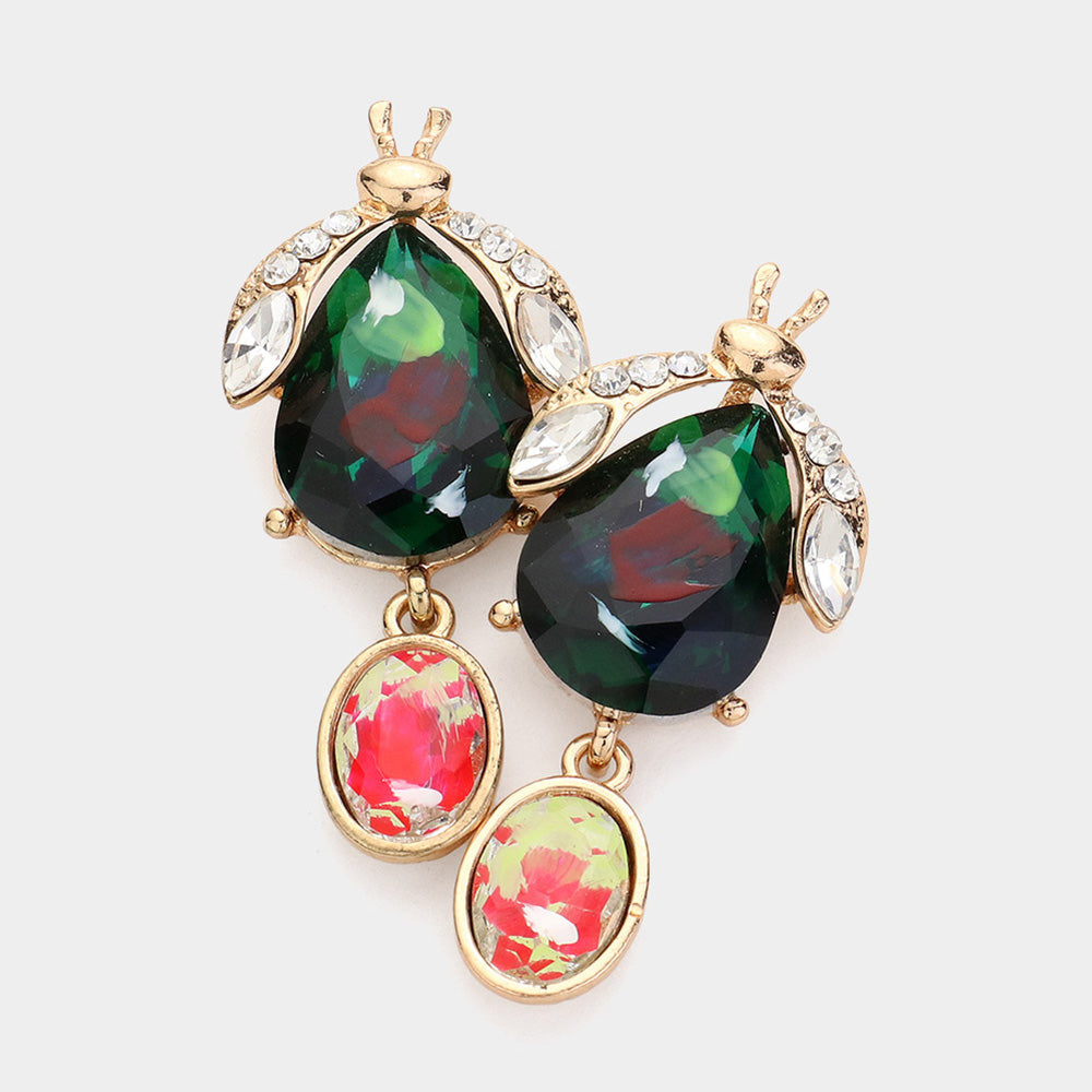 Madeline Love Emerald, Gold Teardrop Stone Cluster Pointed Bug Oval Stone Dangle Earrings