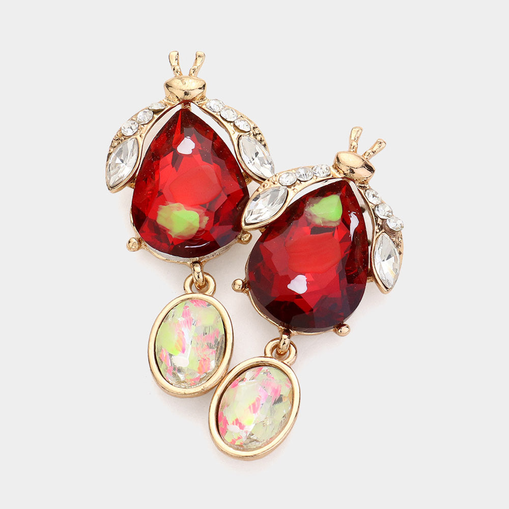 Madeline Love Gold, Siam Teardrop Stone Cluster Pointed Bug Oval Stone Dangle Earrings