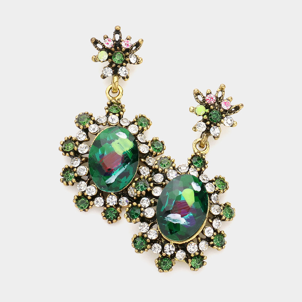 Madeline Love Emerald Victorian Flower Sunburst Drop Earrings