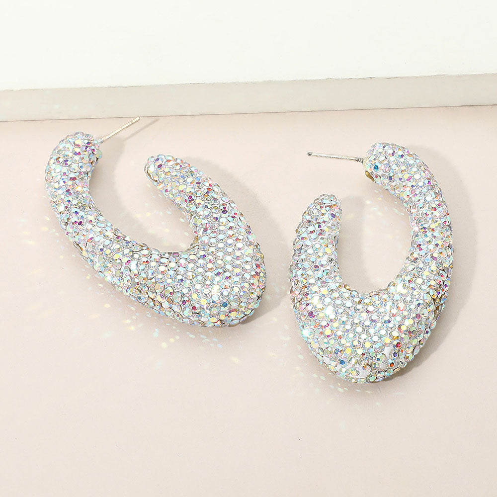 Madeline Love AB, Silver Sterling Silver Post Rhinestone Studded Oval Hoop Earrings