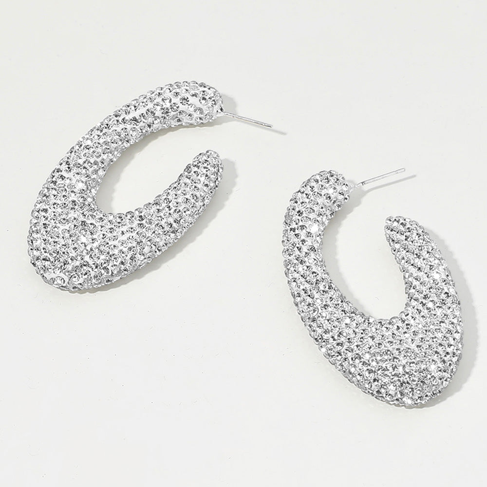 Madeline Love Clear, Silver Sterling Silver Post Rhinestone Studded Oval Hoop Earrings