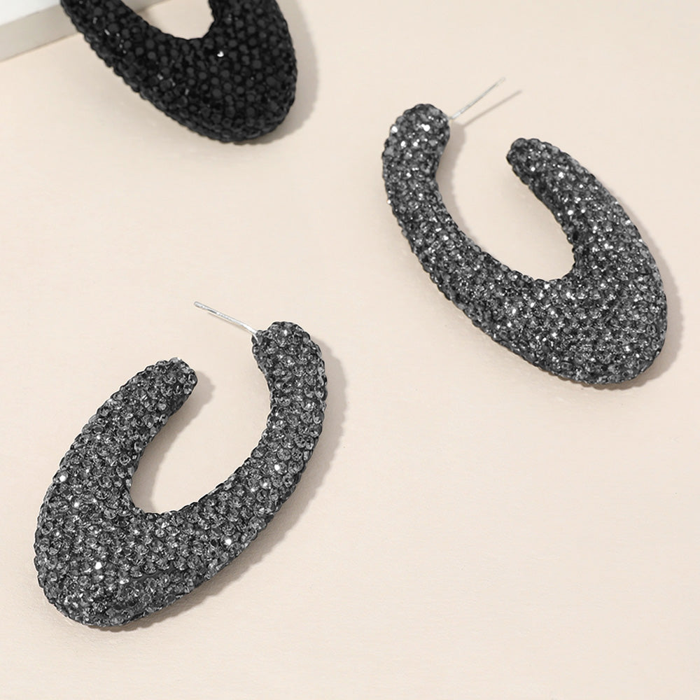 Madeline Love Hematite, Silver Sterling Silver Post Rhinestone Studded Oval Hoop Earrings