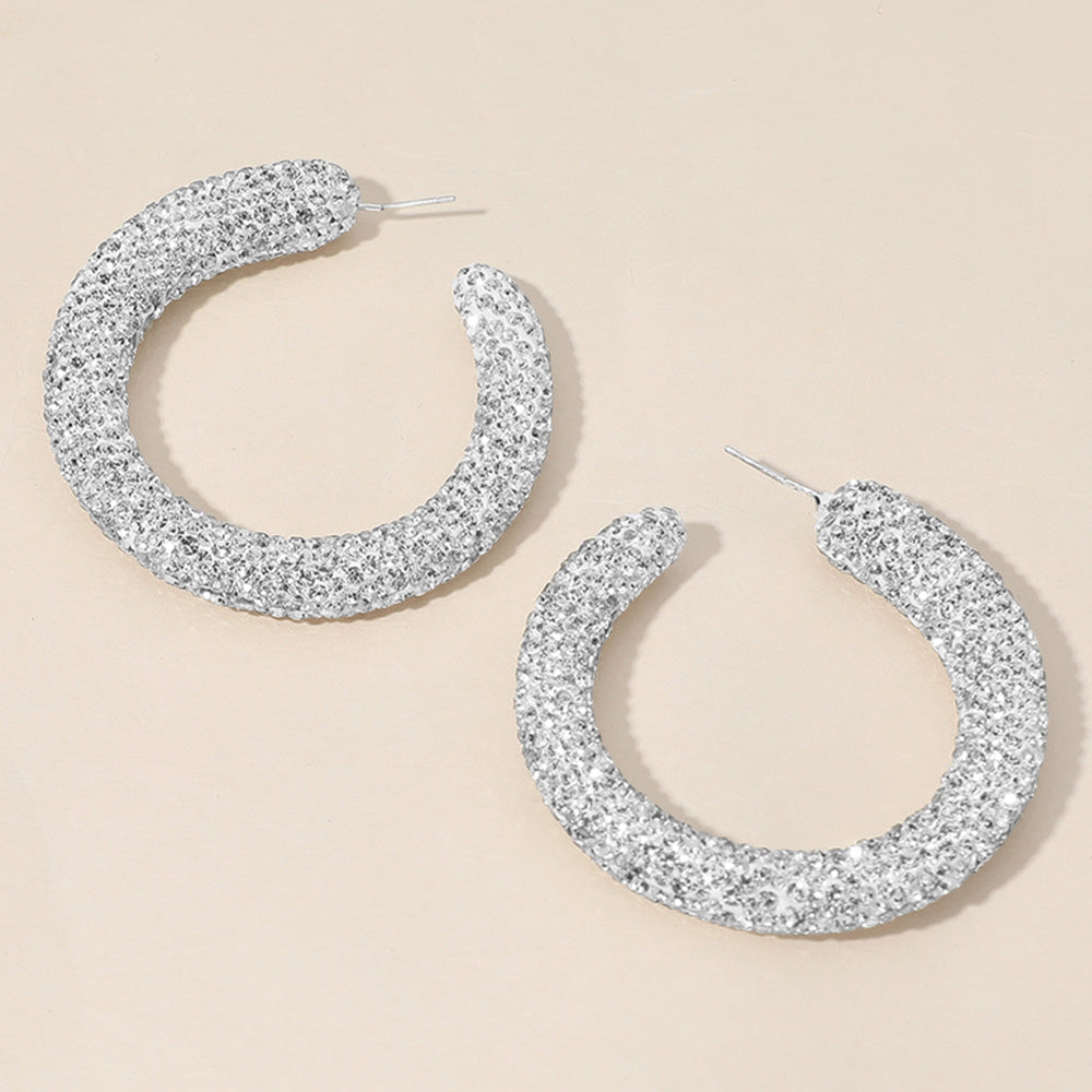 Madeline Love Clear, Silver Sterling Silver Post Rhinestone Studded Hoop Earrings
