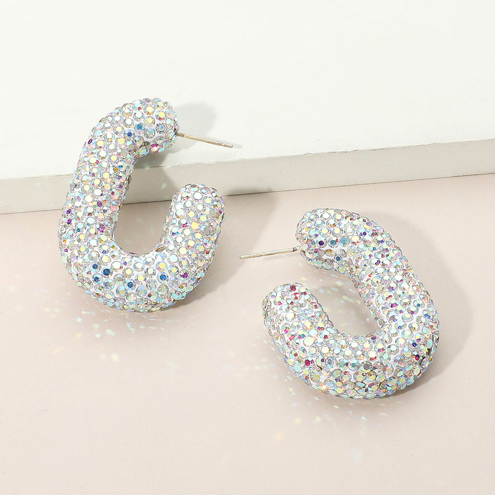Madeline Love AB, Silver Sterling Silver Post Rhinestone Studded Chunky Oval Hoop Earrings