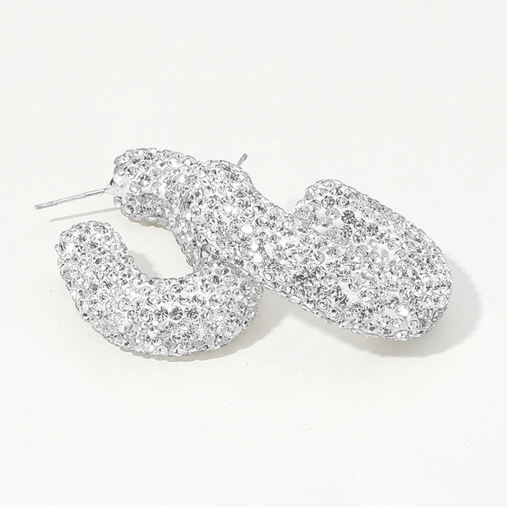 Madeline Love Clear, Silver Sterling Silver Post Rhinestone Studded Chunky Oval Hoop Earrings