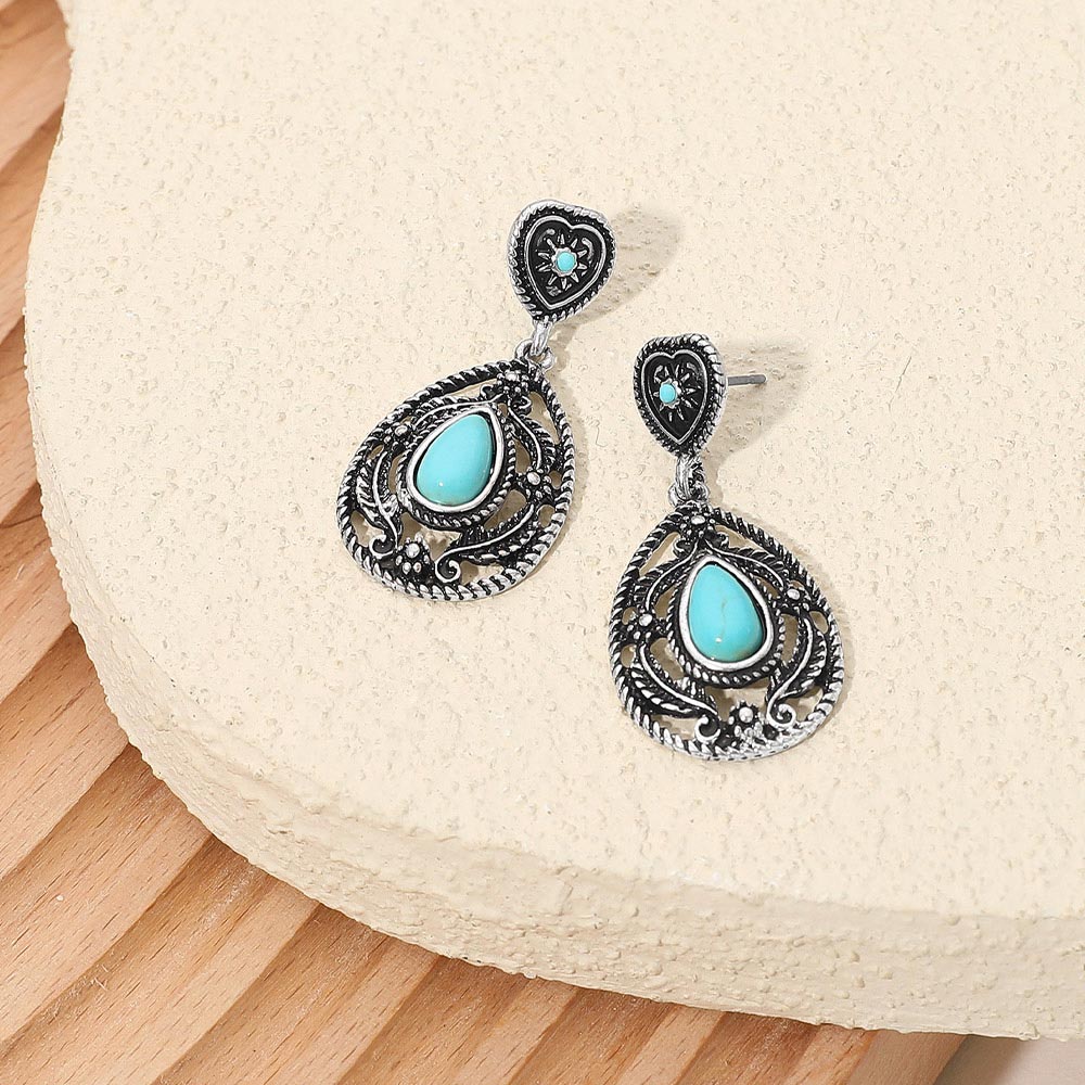 Madeline Love Silver Burnished, Turquoise Vintage Teardrop Turquoise Stone Accent Dangle Earrings - desc