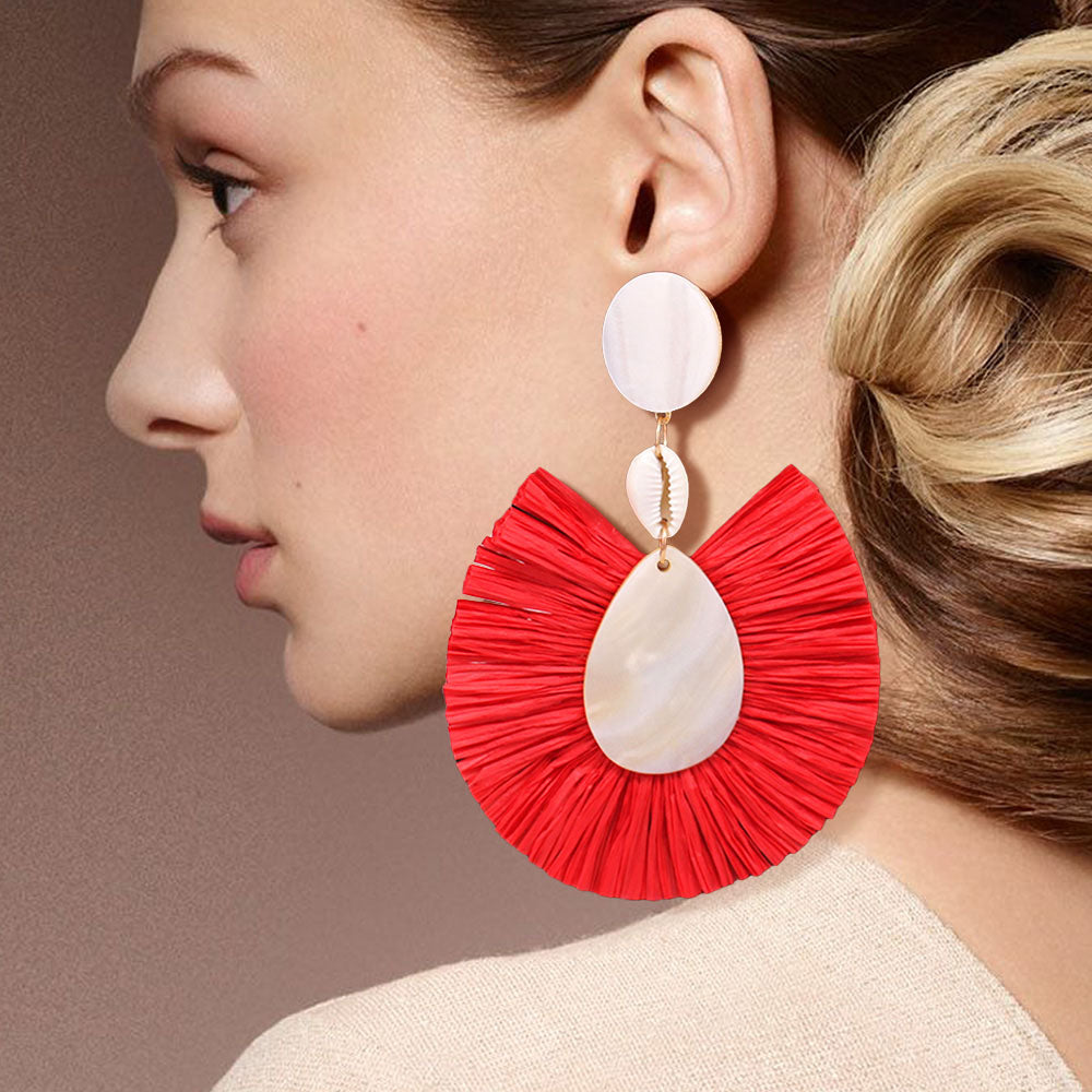 Madeline Love Red Puka Shell Mother of Pearl Teardrop Raffia Trimmed Dangle Earrings