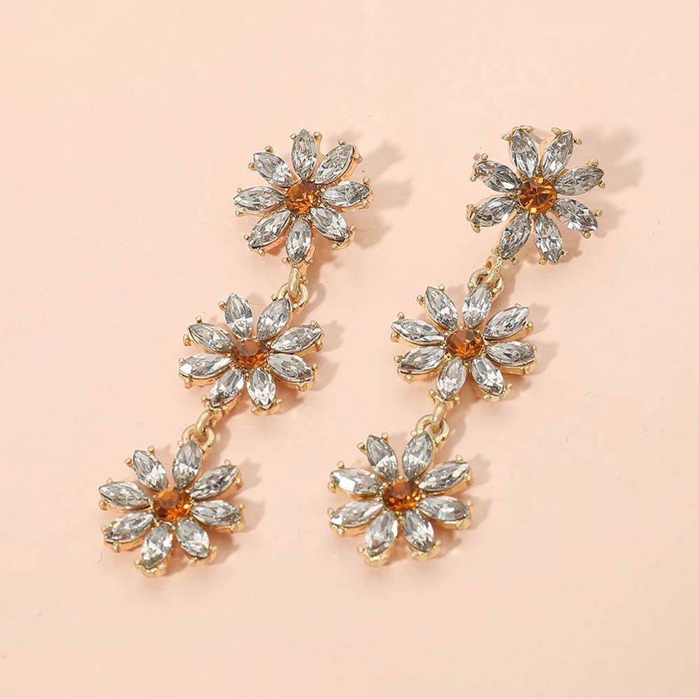 Madeline Love Clear, Gold Stone Cluster Triple Flower Link Dropdown Earrings