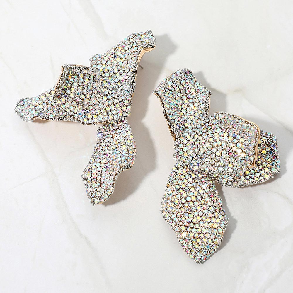 Madeline Love AB, Gold Bold Rhinestone Studded Flower Petal Statement Earrings