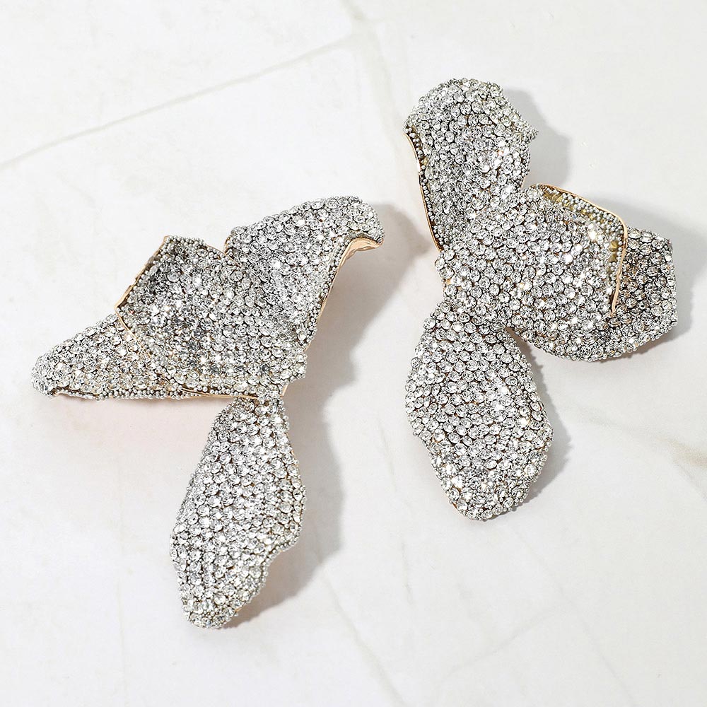 Madeline Love Clear, Gold Bold Rhinestone Studded Flower Petal Statement Earrings