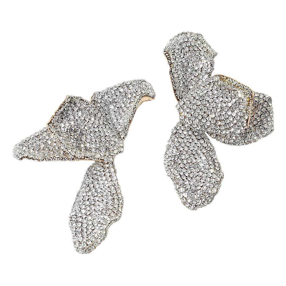 Madeline Love Clear, Gold Bold Rhinestone Studded Flower Petal Statement Earrings - desc