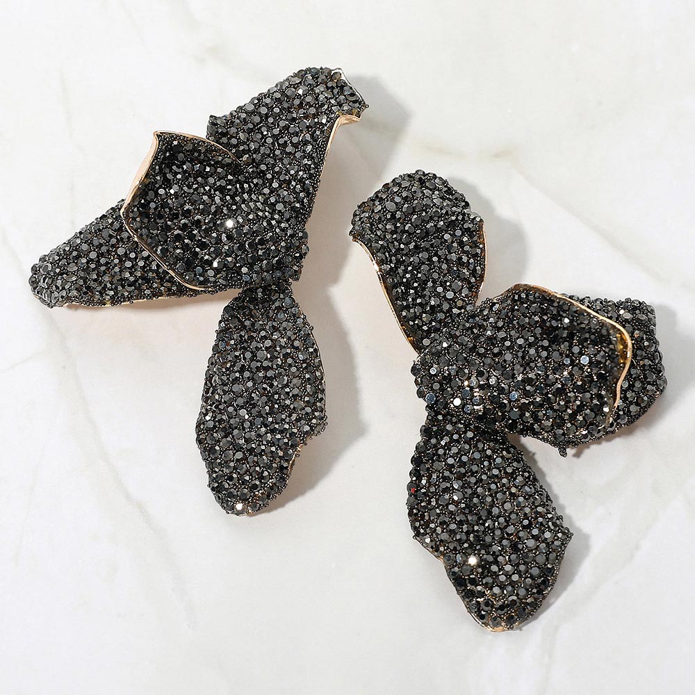 Madeline Love Gold, Hematite Bold Rhinestone Studded Flower Petal Statement Earrings