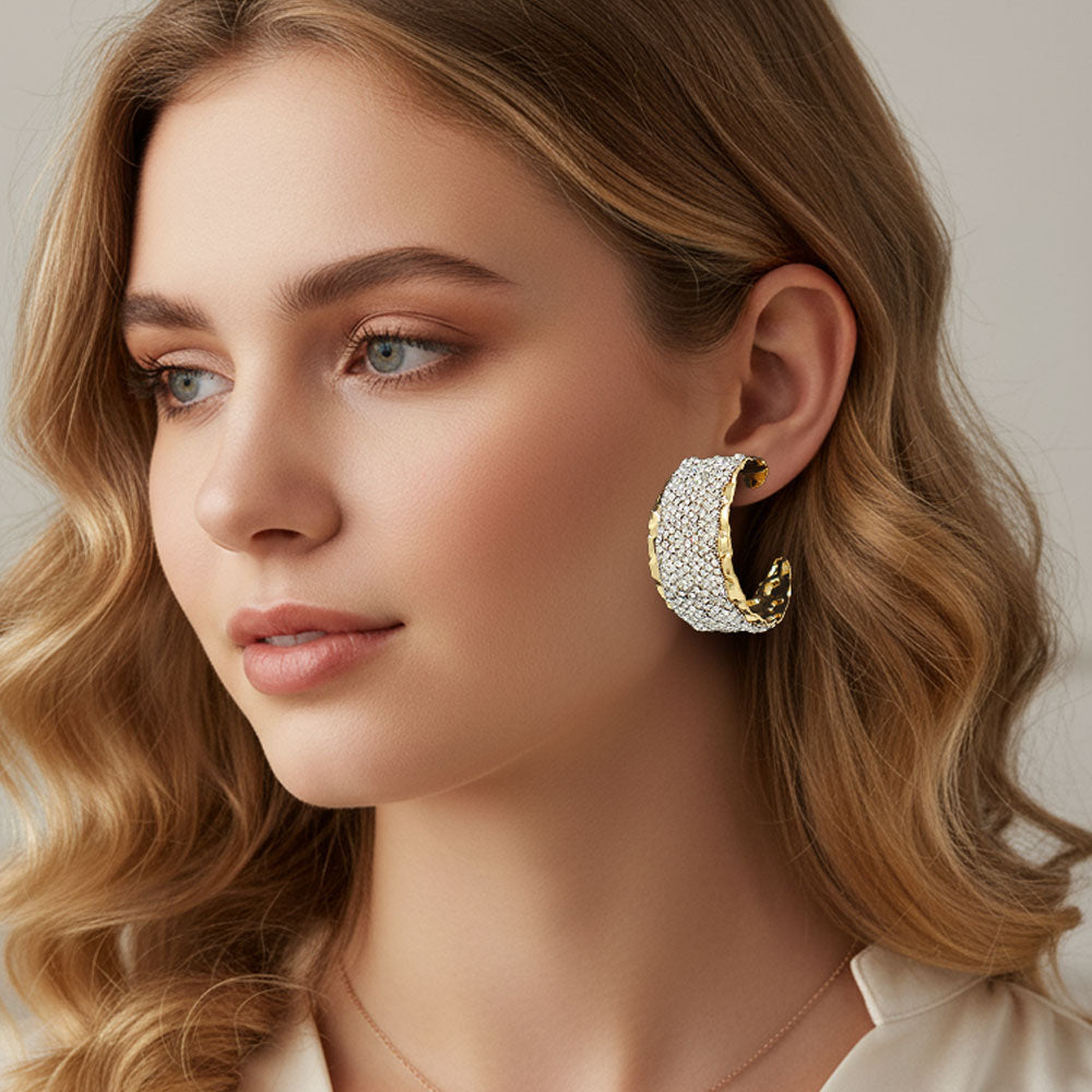 Madeline Love Clear, Gold Bold Wide Rhinestone Paved Textured Metal Hoop Earrings