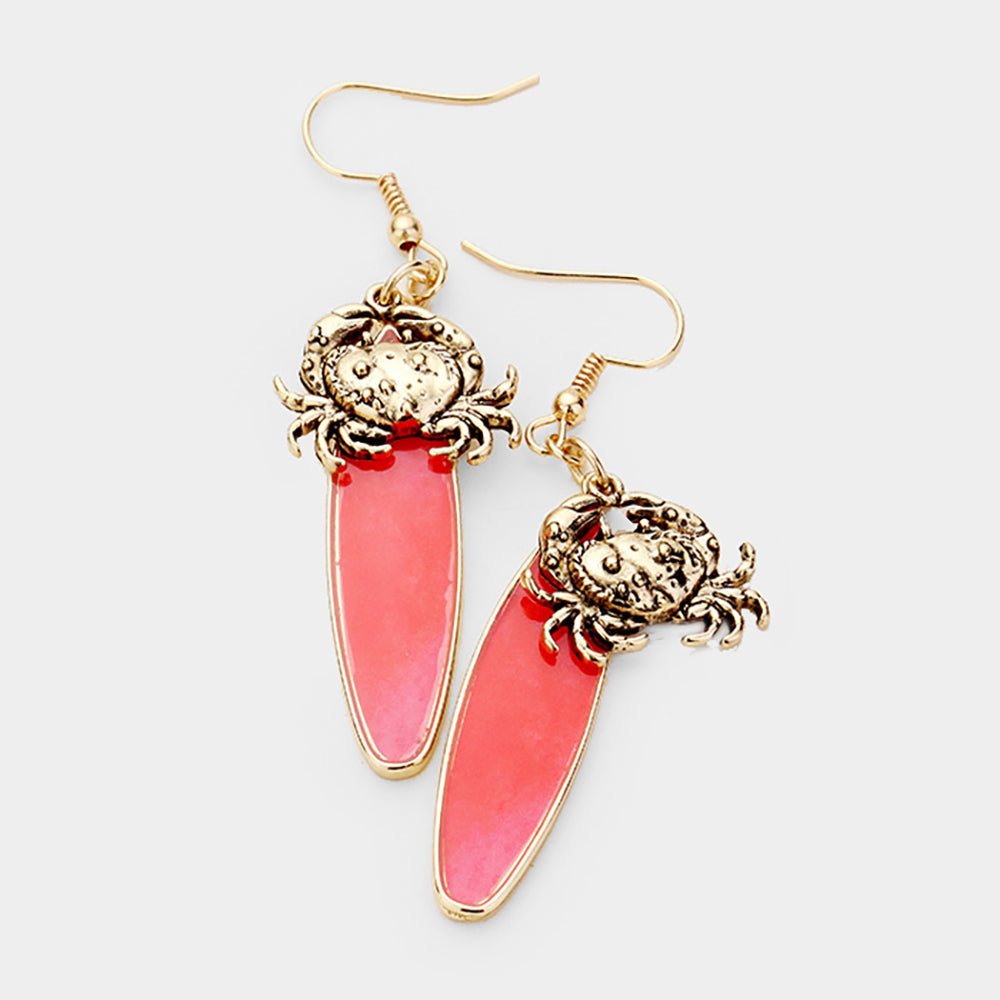 Antique Gold, Red Crab Charm Surfboard Dangle Earrings