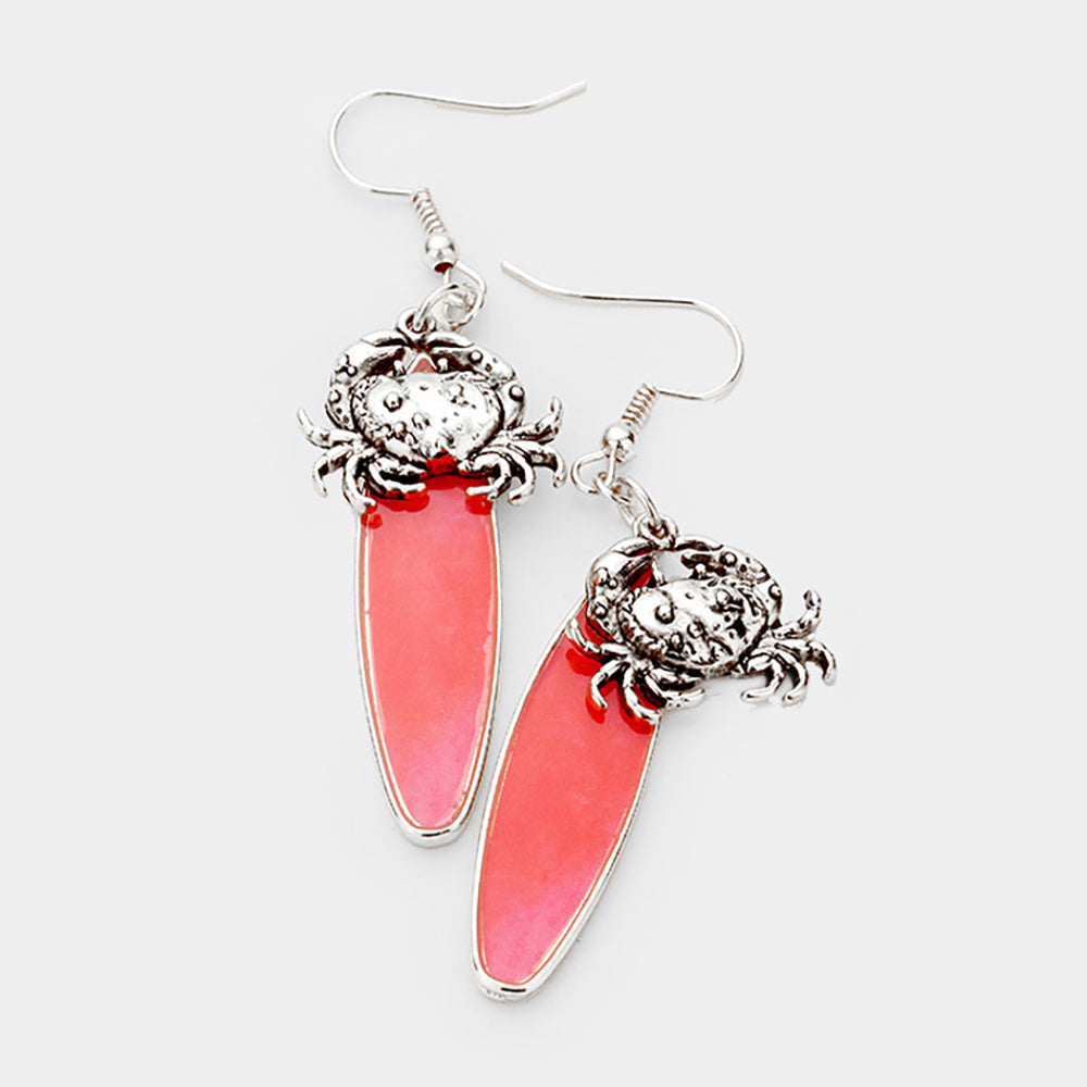 Antique Silver, Red Crab Charm Surfboard Dangle Earrings