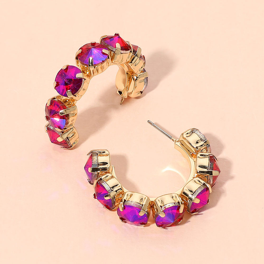 Madeline Love AB, Fuchsia Faceted Round Stone Hoop Earrings