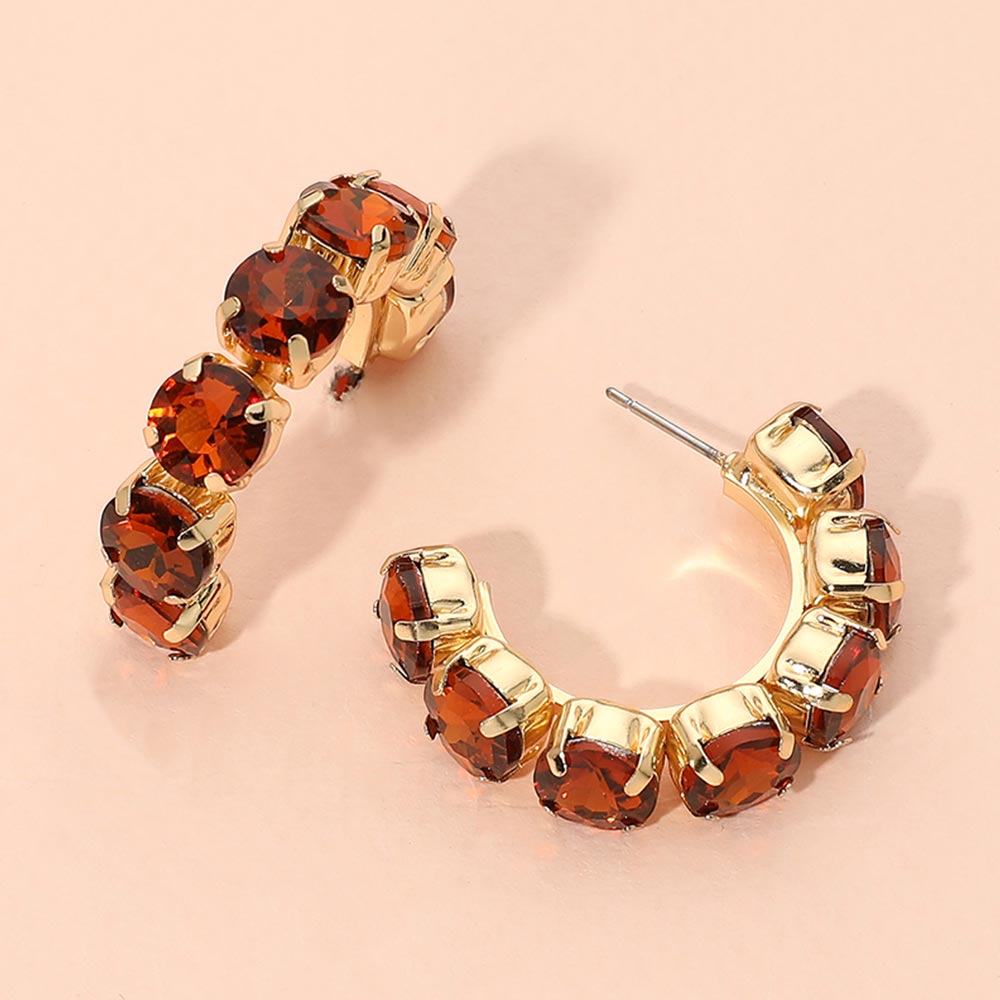 Madeline Love Gold, Smoked Topaz Faceted Round Stone Hoop Earrings