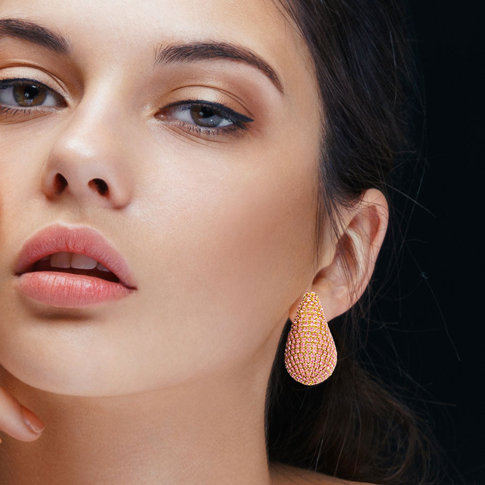 Madeline Love Gold, Pink Stone Paved Curved Teardrop Earrings