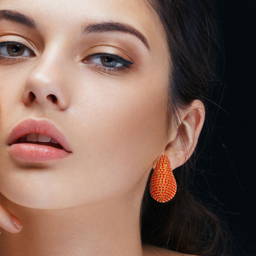 Madeline Love Gold, Siam Stone Paved Curved Teardrop Earrings