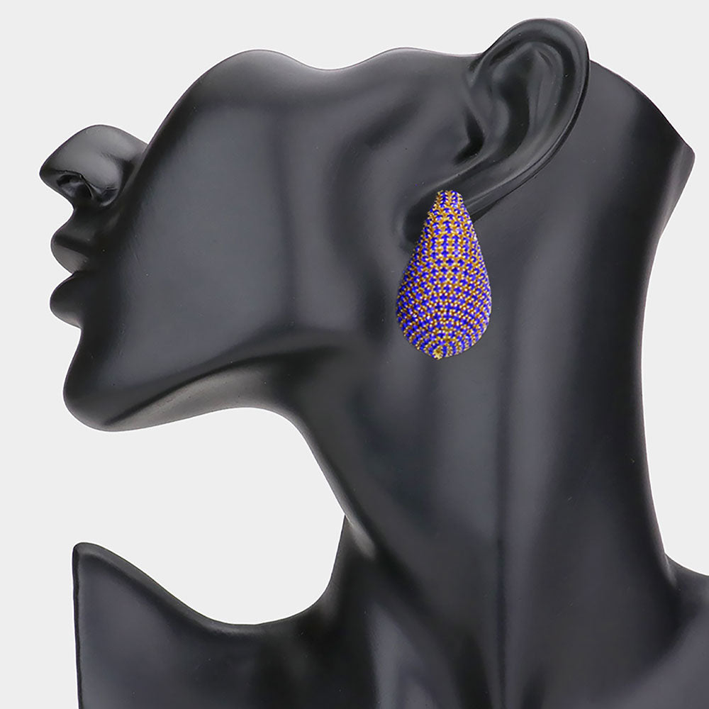 Madeline Love Gold, Sapphire Stone Paved Curved Teardrop Earrings
