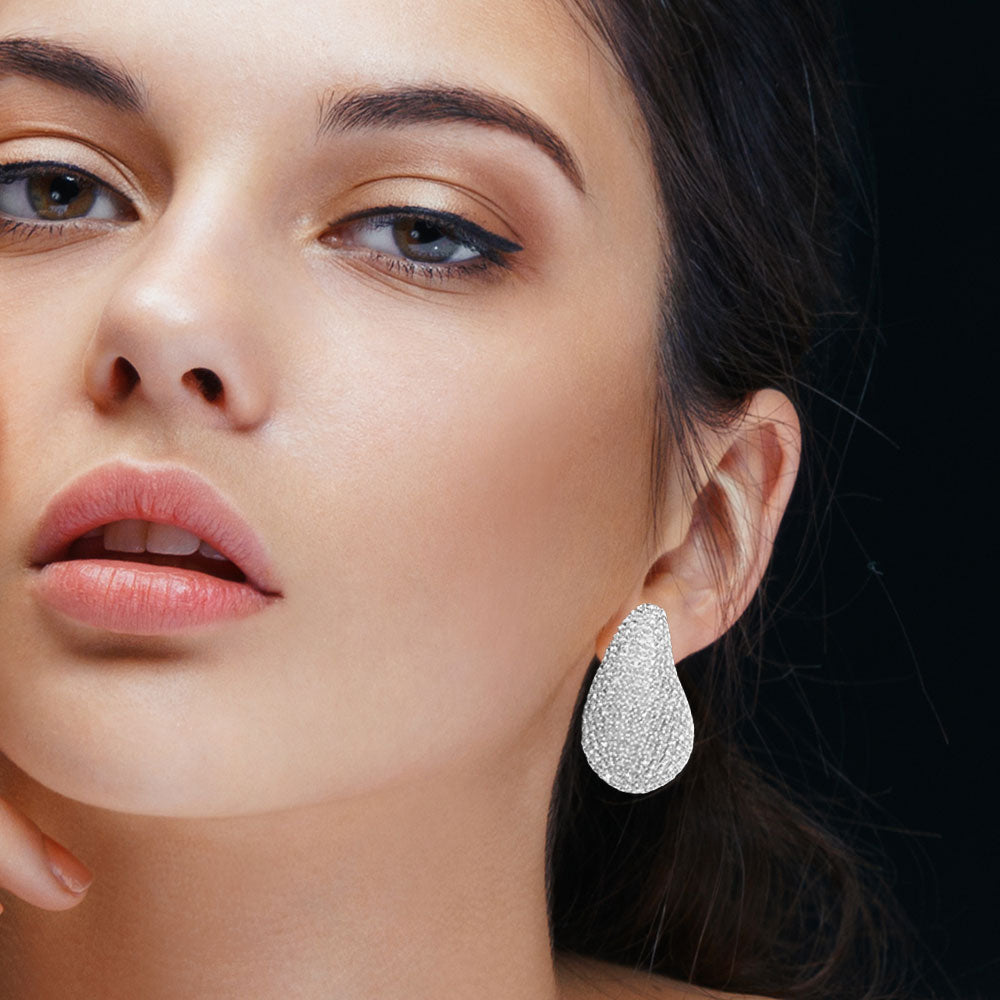 Madeline Love Rhodium Stone Paved Curved Teardrop Earrings