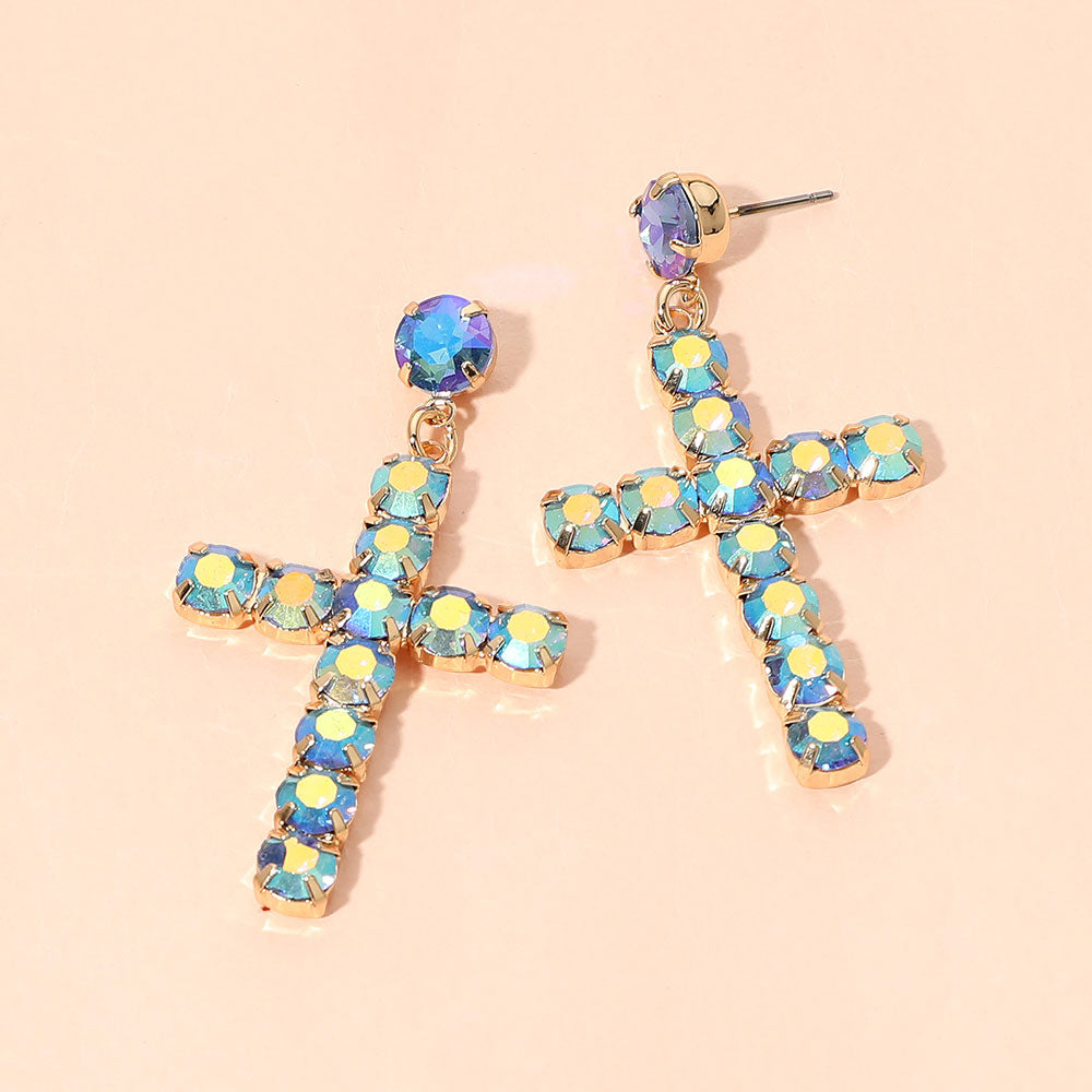 Madeline Love AB, Blue Round Gem Cross Charm Drop Statement Earrings