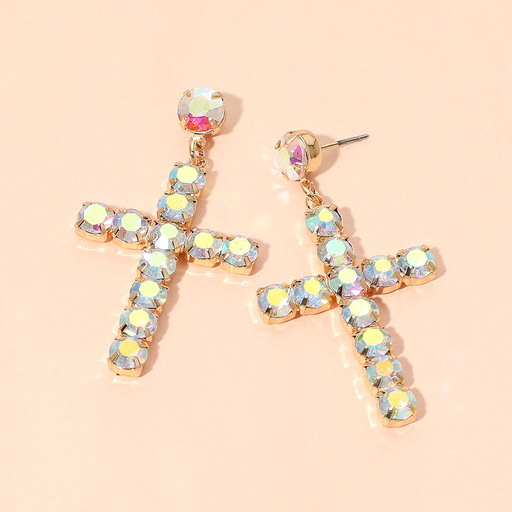 Madeline Love AB, Gold Round Gem Cross Charm Drop Statement Earrings