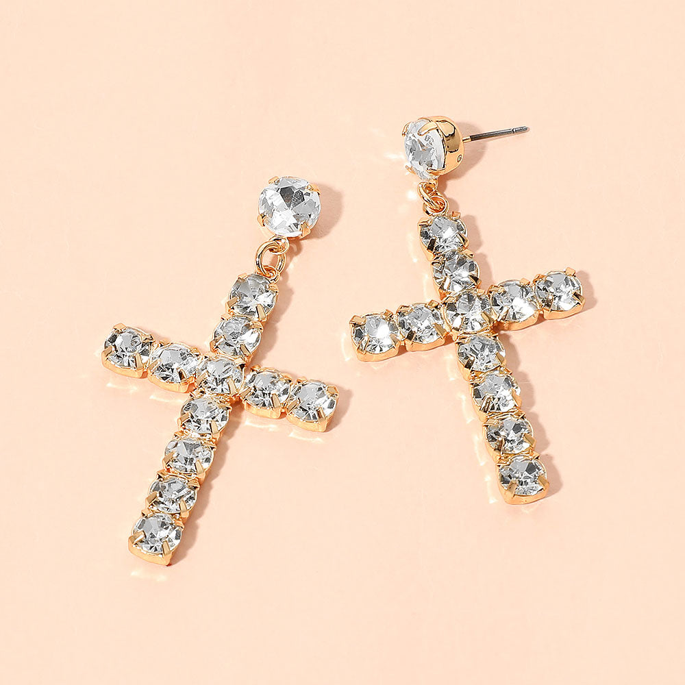Madeline Love Clear, Gold Round Gem Cross Charm Drop Statement Earrings