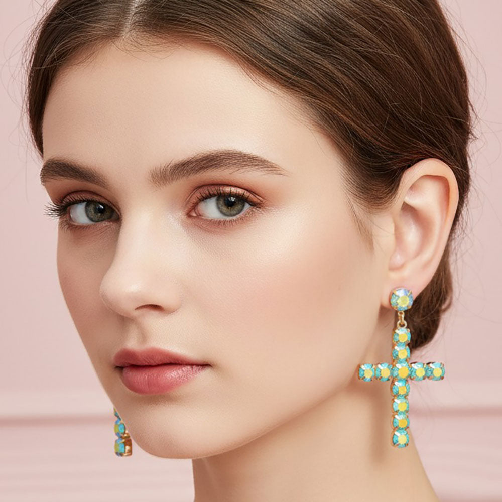 Madeline Love AB, Green Round Gem Cross Charm Drop Statement Earrings