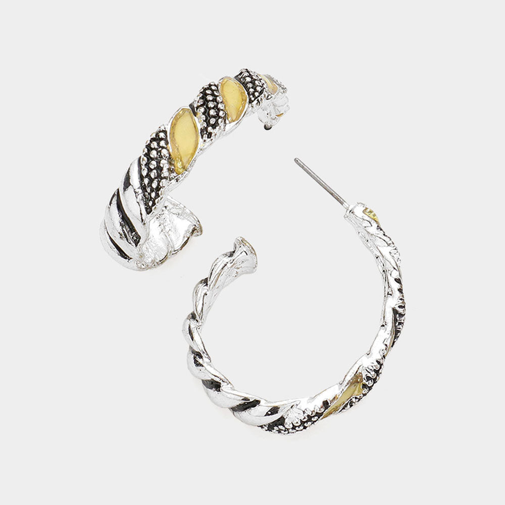 Madeline Love Antique Silver, Mother of Pearl Mother of Pearl Detailed Teardrop Hoop Earrings
