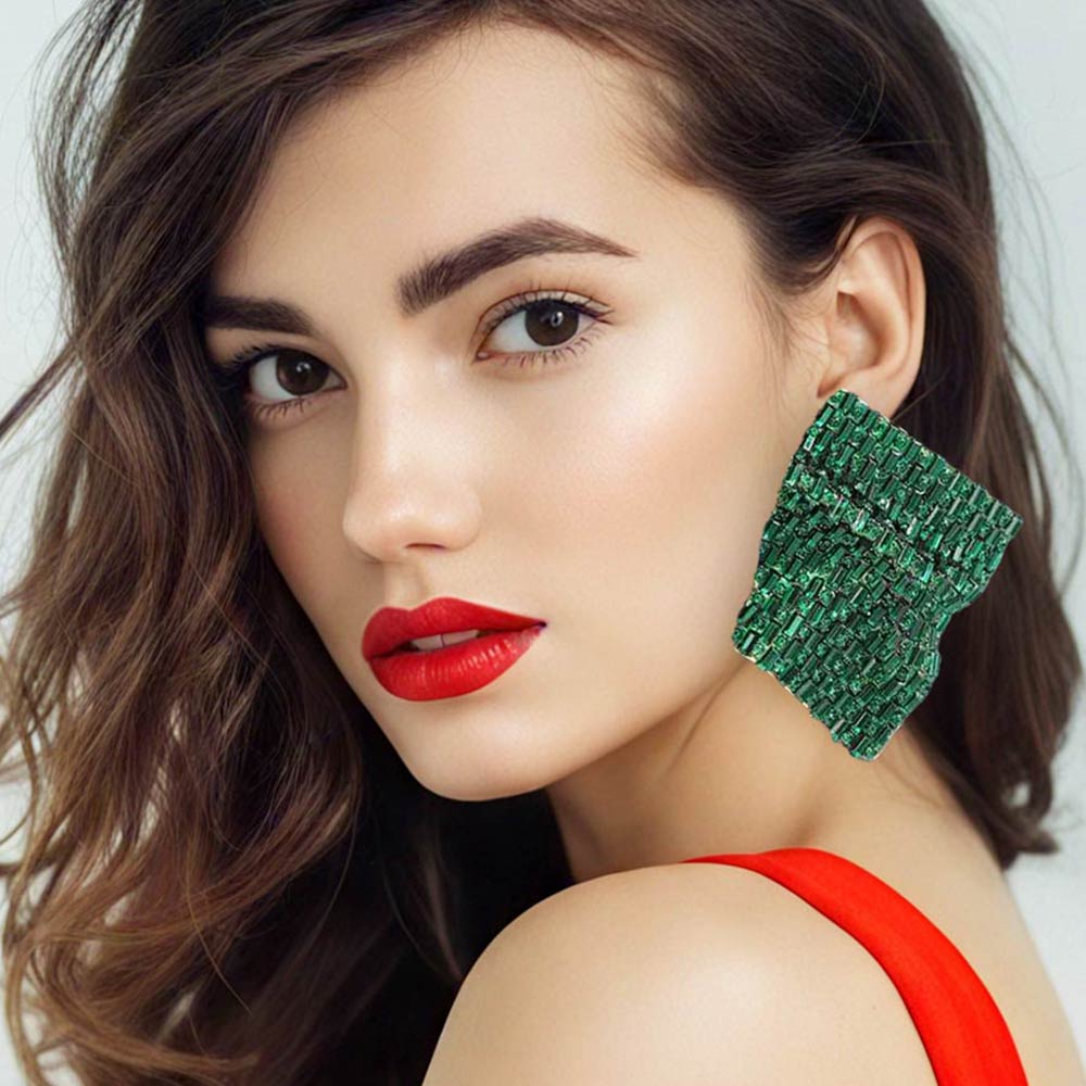 Madeline Love Emerald Bold Bling Studded Abstract Plate Earrings