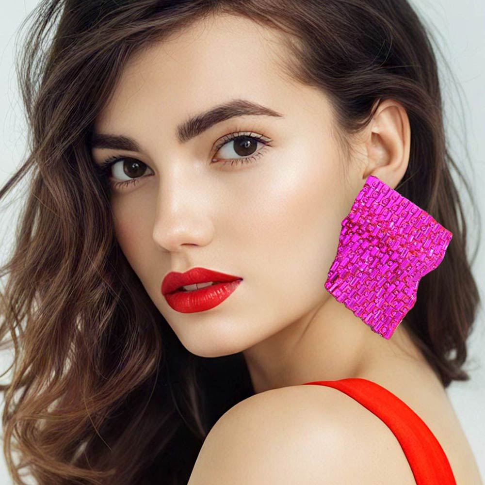 Madeline Love Fuchsia Bold Bling Studded Abstract Plate Earrings