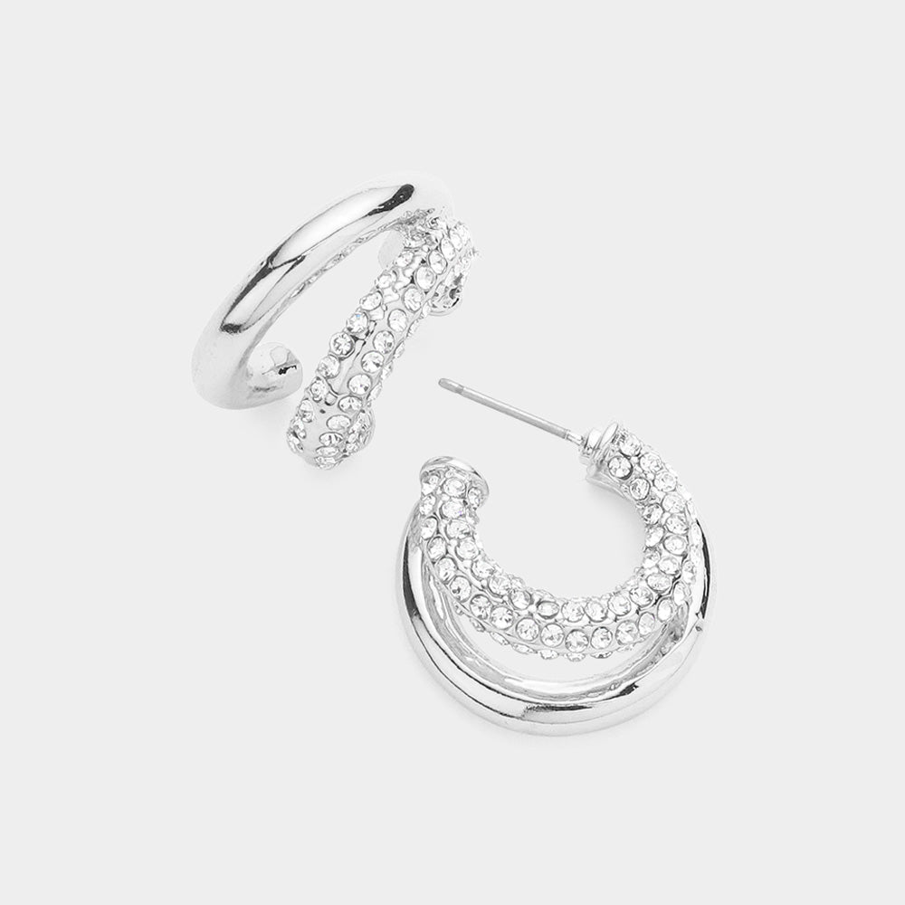 Madeline Love Silver Rhinestone Embellished Split Metal Hoop Earrings
