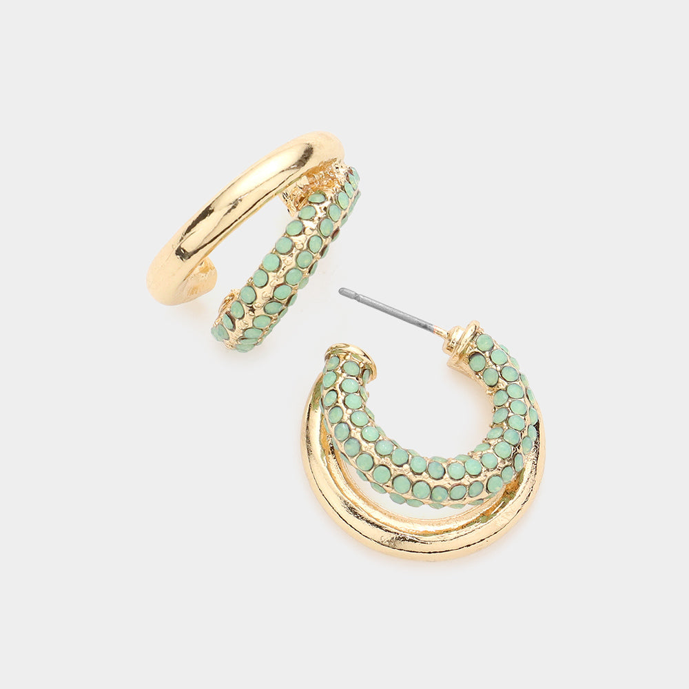 Madeline Love Mint Rhinestone Embellished Split Metal Hoop Earrings