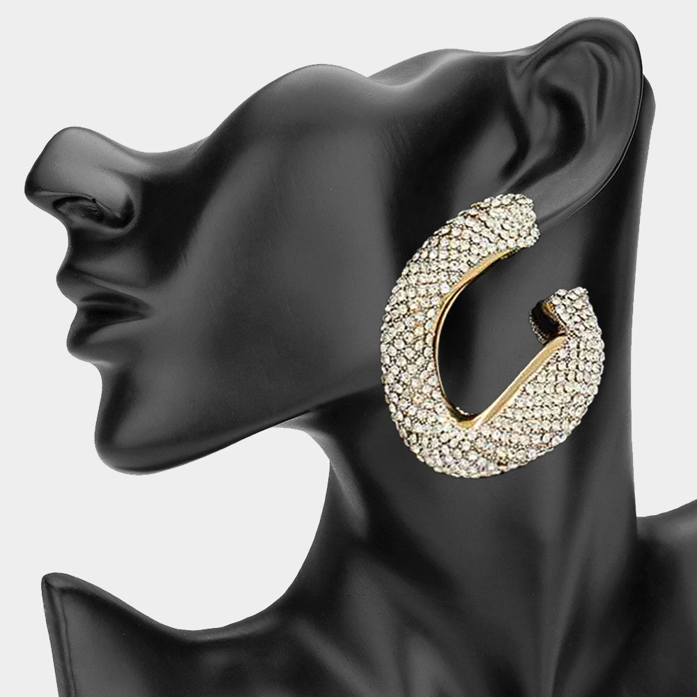 Madeline Love Clear, Gold Oversized Bling Rhinestone Studded Twisted Open Teardrop Evening Hoop Earrings