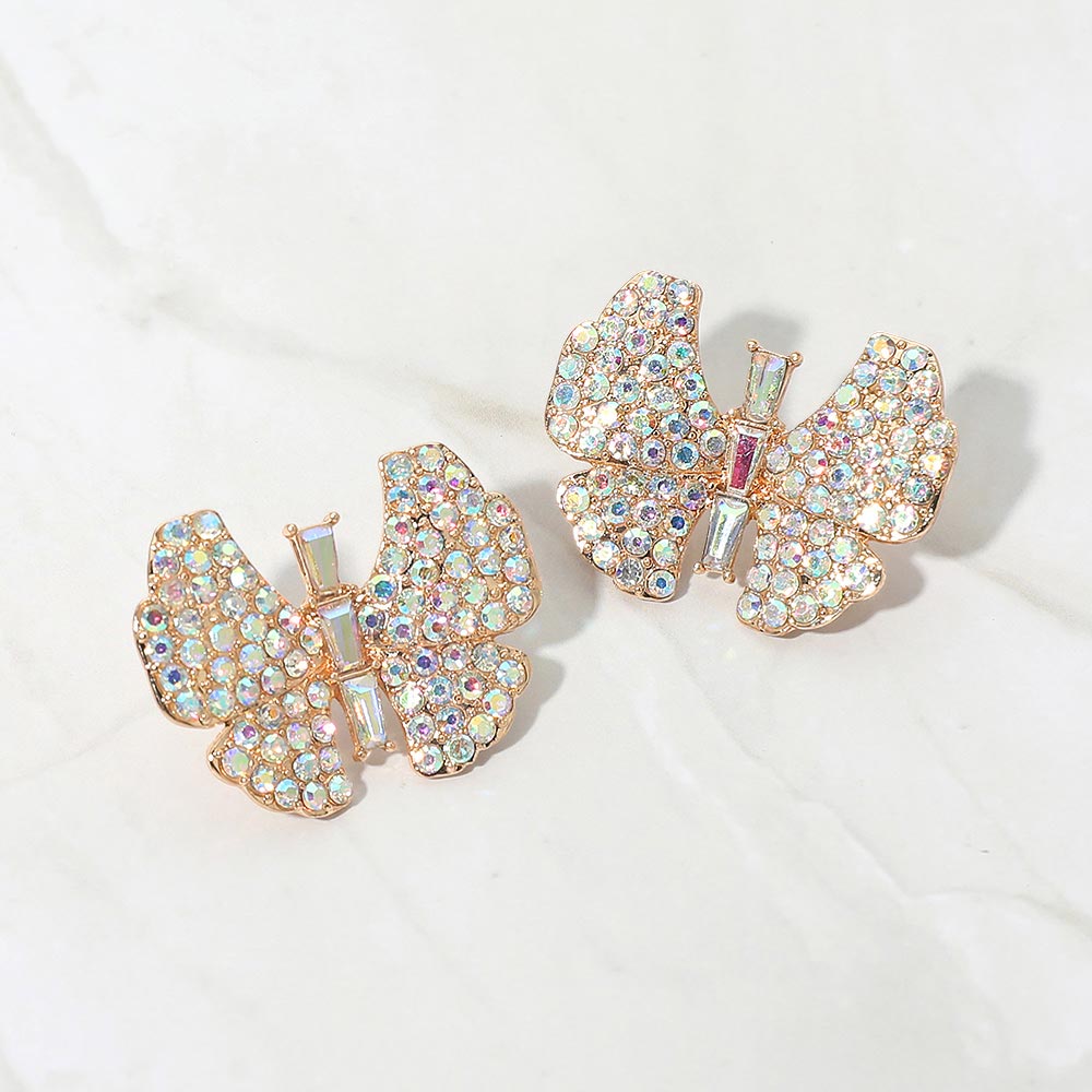 Madeline Love AB, Gold Rhinestone Studded Butterfly Statement Earrings