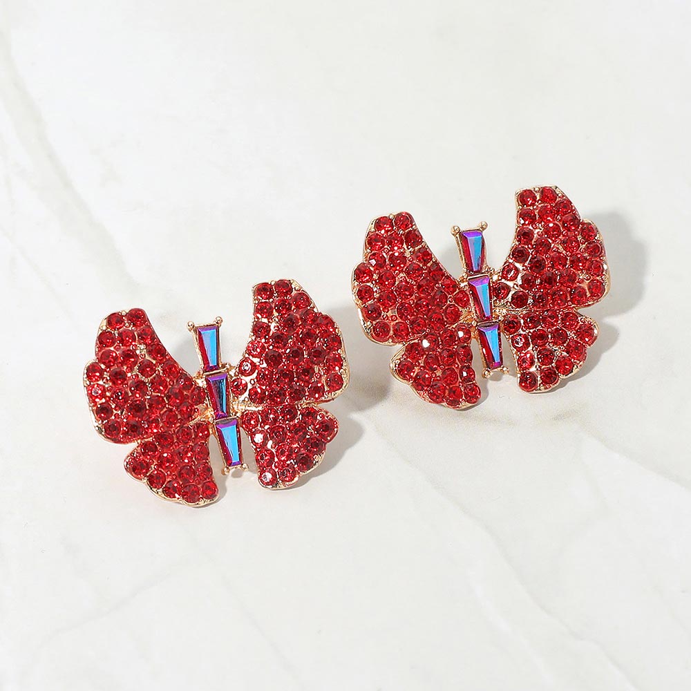 Madeline Love Red Rhinestone Studded Butterfly Statement Earrings