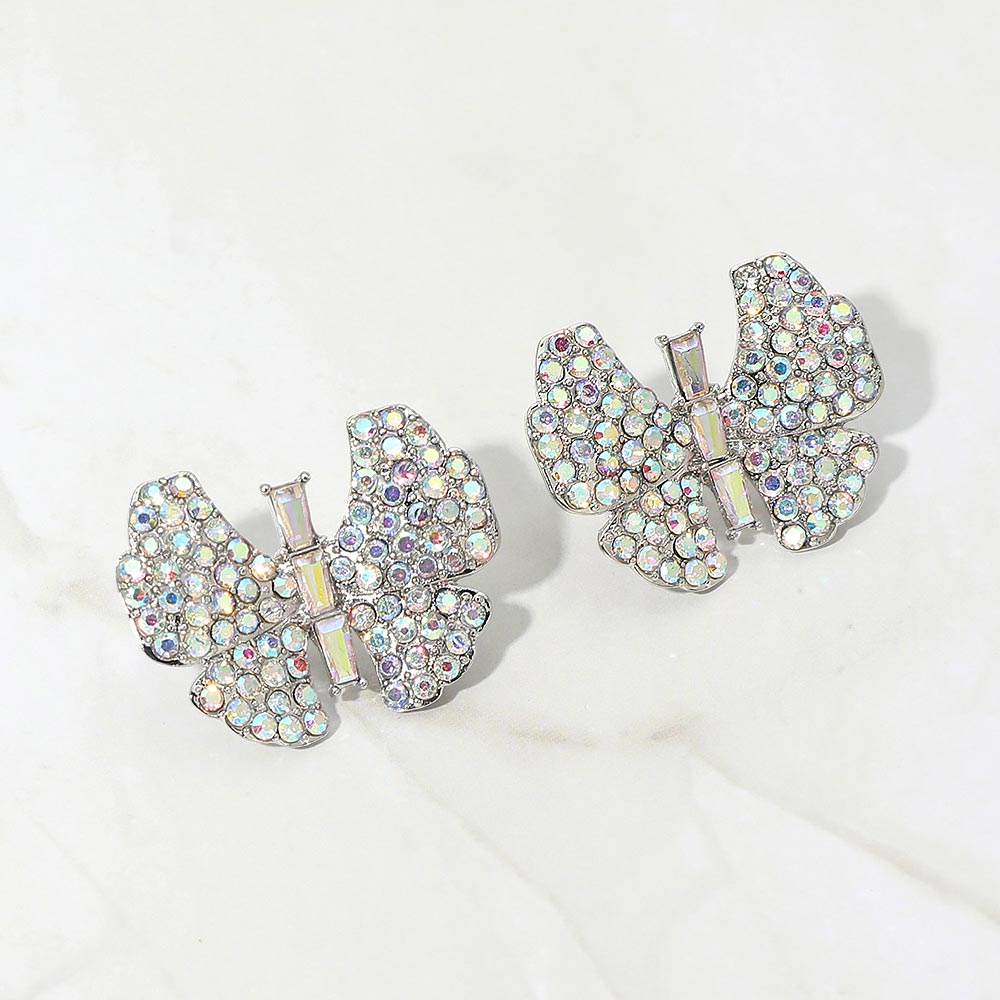 Madeline Love AB, Silver Rhinestone Studded Butterfly Statement Earrings