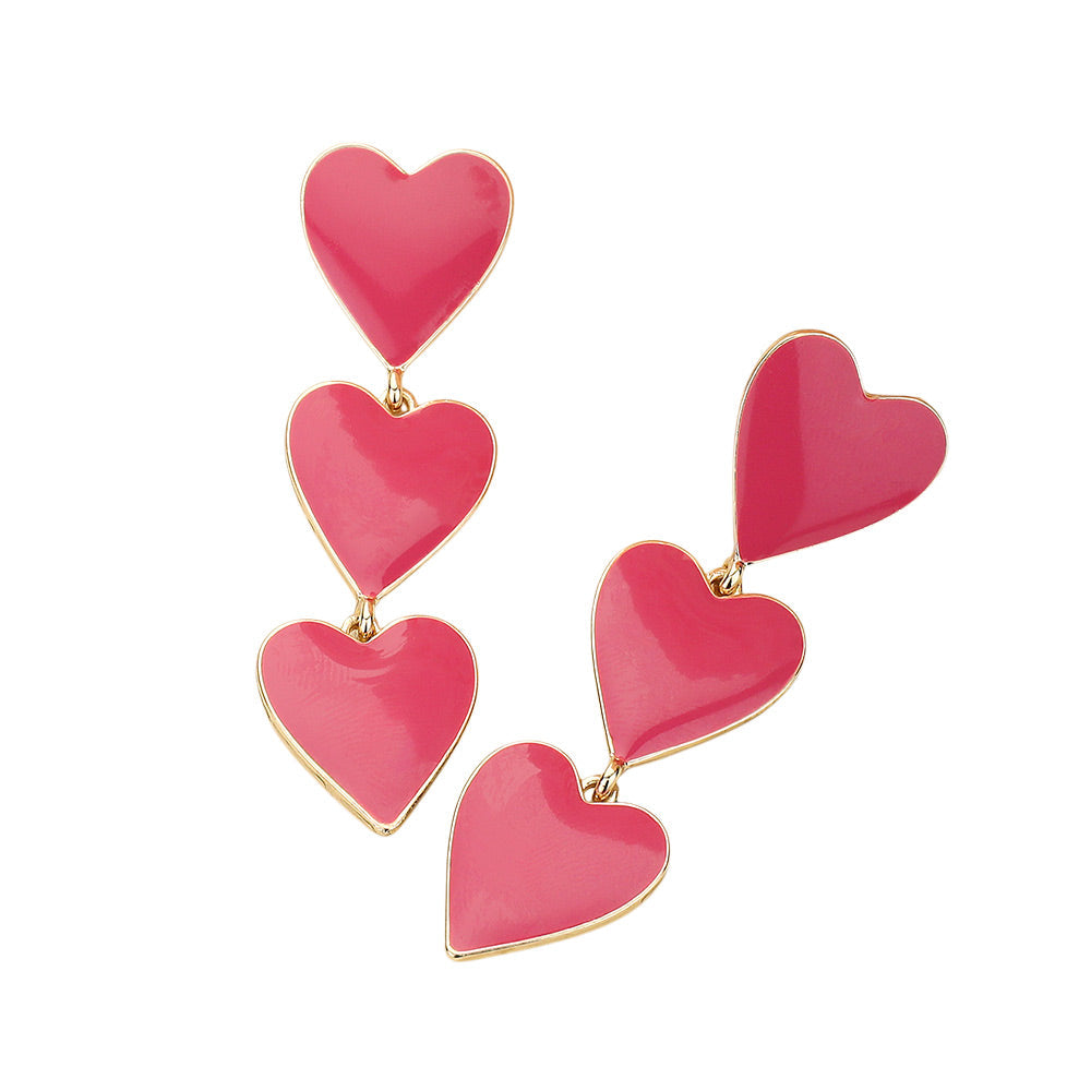 Triple Enamel Heart Link Dangle Earrings