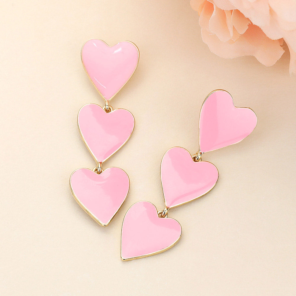 Triple Enamel Heart Link Dangle Earrings