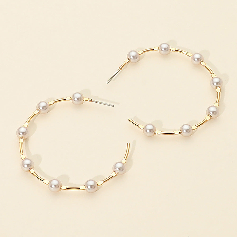 Madeline Love Cream, Gold Pearl Beaded Open Hoop Statement Earrings