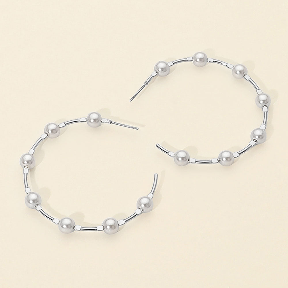 Madeline Love Cream, Rhodium Pearl Beaded Open Hoop Statement Earrings