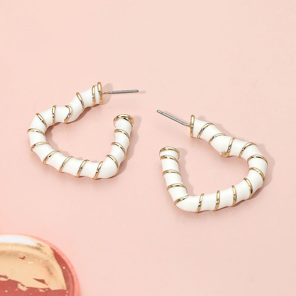 Madeline Love Gold, White Enamel Twisted Open Heart Hoop Earrings