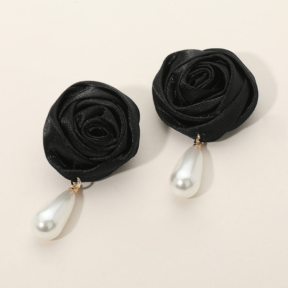 Madeline Love Black Teardrop Pearl Dangle Satin Rose Earrings