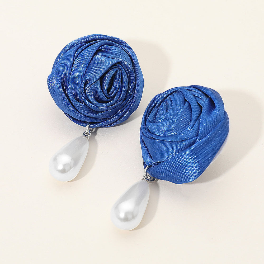 Madeline Love Blue Teardrop Pearl Dangle Satin Rose Earrings