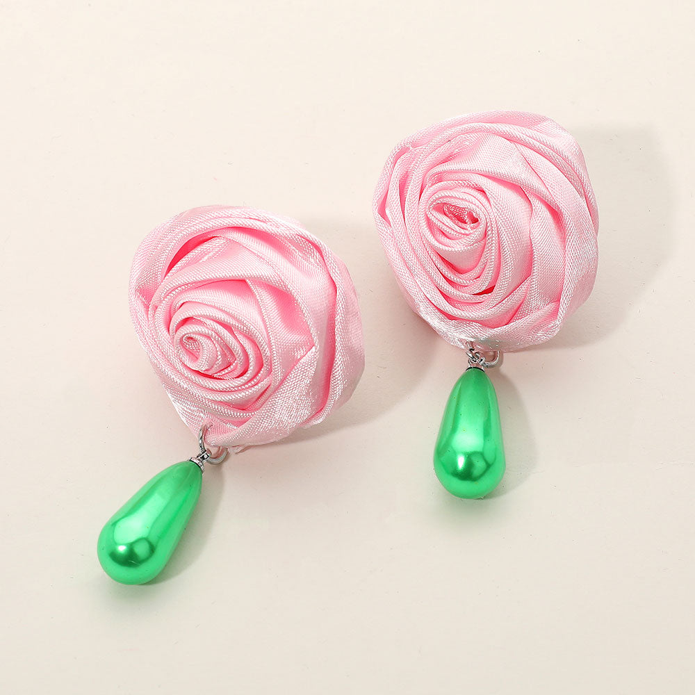 Madeline Love Pink Teardrop Pearl Dangle Satin Rose Earrings